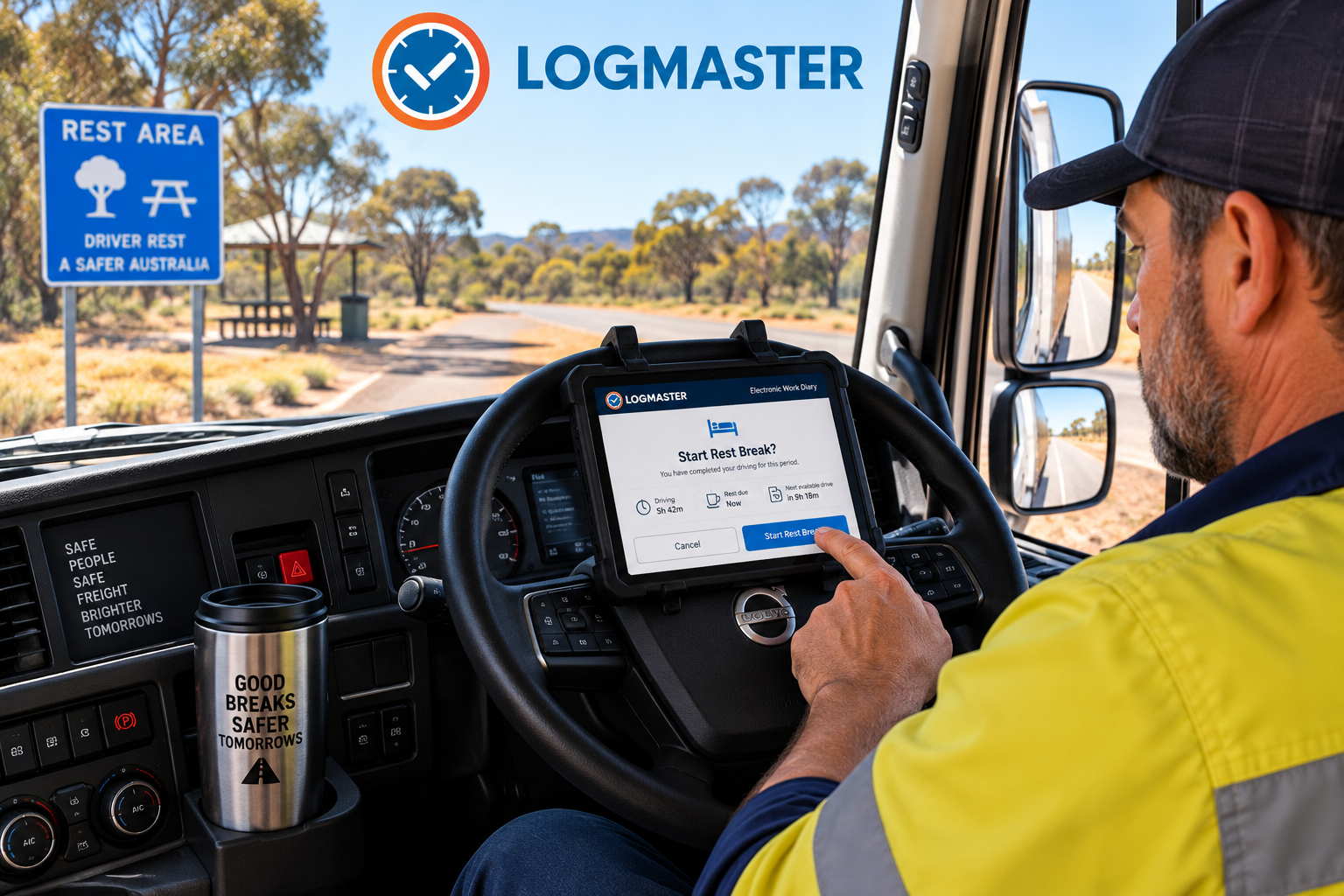 Truck driver using an electronic work diary device